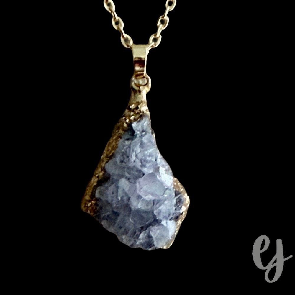 Men’s Grey Druzy Quartz Pendant Necklace - Rough Crystal Nugget with Gilded Edge